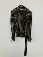 pierre cardin ピエールカルダン テーラードジャケット 9 ブラック ウール・ニット ストライプ柄 ショート丈 フードなし ダブル レディースのサムネイル