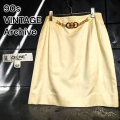 90s CELINE VINTAGE Archive France オールドセリーヌ ストレートスカート 膝丈 コットンスカート バニラカラー クリーム色 ゴールドチェーン ３連サークル レトロ バブリー 華やか フランス製 ヴィンテージ古着 Ｌサイズ相当のサムネイル