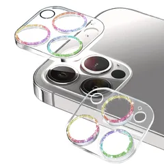 【2枚セット】 iPhone16 Pro / iPhone16 ProMax 用 カメラ保護 キラキラ いphone16Pro キラカバー アクセサリー 黒い 縁無し 強化ガラス レンズカバー フィルム かわいい おしゃれ ラメ レインボー,iPhone16P