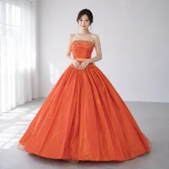 GRACIEUSE グラシュース カラードレス オレンジ テラコッタ Aライン サテン ロングトレーン ビジュー 9号 11号 13号 Mサイズ Lサイズ 演奏会 舞台衣装 前撮り フォトウェディングのサムネイル