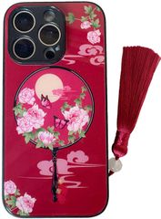KOLO[홍월궁 부채] iPhone 대응 16 Pro 스마트폰 케이스 강화 유리 중국풍 중화풍 커버(빨강) iPhone16 Pro