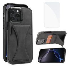JSCOMYAP iPhone 16 pro max 케이스용 이 phone16promax 케이스 + iphone16promax 화 유리 필름 PU 레더 카드 수납 가로 두어 스탠드 기능 첨부 휴대 케이스 충격 흡수 스마트폰 케이스 Case Cover