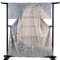 訪問着 身丈157cm 裄丈62.5cm S 袷 落款 枝花 染め分け ぼかし 青灰色 正絹 秀品 【中古】のサムネイル