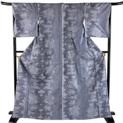 紬 身丈166.5cm 裄丈67.5cm L 袷 樹木 葉柄 青紫 正絹 秀品 【中古】のサムネイル