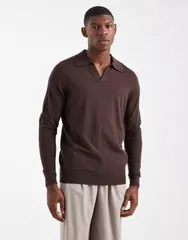 エイソス メンズ アウター ニット・セーター ASOS DESIGN knit notch neck sweater BROWN ブラウンのサムネイル