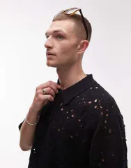 トップマン メンズ トップス ポロシャツ フラワー柄 シャツ フラワー Topman relaxed floral crochet shirt Black ブラックのサムネイル