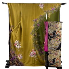振袖 帯セット】【美品 未仕立て】振袖 帯セット 抹茶色 花柄 華やか