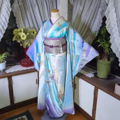 606z36☆ゆめかわ！振袖 銀彩 ラメ メルヘン 水色☆状態良好 成人式