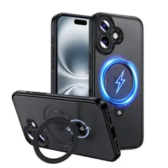 特価商品　TPU ズレにくい カメラ保護 半透明 ケース ケース 用 用 ホコリ付きにくい 対応いphone16 滑り止め 360°回転 スタンド付き ワイヤレス充電 MagSafe対応 ブラック 耐衝撃 16 対応iPhone John Magic