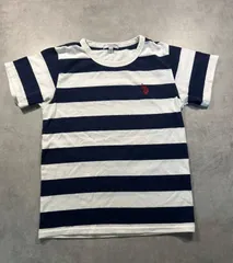 【U.S. POLO ASSN.】140cm ボーダー Tシャツ ネイビー×ホワイト ユーエスポロアッスン 子供服 キッズ 男女兼用 カジュアル 定番 人気 お出かけ着 通学着 重ね着 春夏秋 トップス 普段着 ブランドロゴ刺繍 シンプル  マリンスタイルのサムネイル