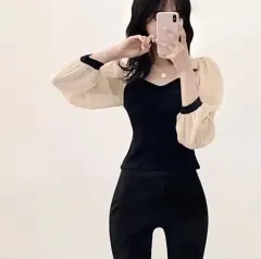 バイカラー シフォン シースルー ブラウス