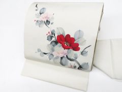 名古屋帯 正絹 作家物 手描き牡丹 花模様 アイボリー地 塩瀬 落款入り