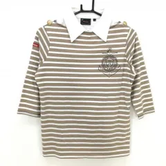 【超美品】ラッセルノ 七分袖長袖Ｔシャツ ライトブラウン×白 ボーダー 襟重ね着風 レディース 1 ゴルフウェア RUSSELUNOのサムネイル