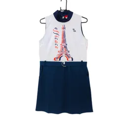 【新品】エフィカス 切替ノースリーブワンピース 白×ネイビー ハイネック ベルト・インナーパンツ付き エッフェル レディース 2 ゴルフウェア efficaceのサムネイル