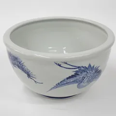 火鉢 金魚鉢 メダカ鉢 松鶴 染付 丸型 直径約35×高さ約19.5cm 陶器#16527のサムネイル