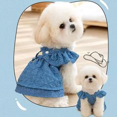 ペット服 デニム風ワンピース型 犬服 ペット 服犬 けん引 ワンピース おしゃれ かわいい 人気 可愛い お揃い ウェア 通気性あり 涼しい 女の子 男の子のサムネイル