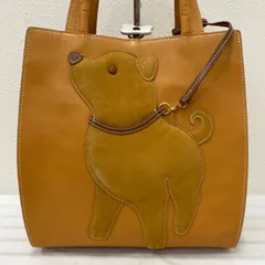 Y3913　Kitamura　キタムラ　ハンドバッグ　トートバッグ　キャメル　ブラウン　レザー　犬　いぬ　リード　柴犬　豆柴　レディースのサムネイル