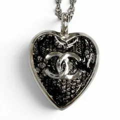 美品★CHANEL シャネル C24K ココマーク ハート レース ネックレス ペンダント シルバー ブラック フランス製 レディース
