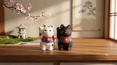 연기물 초대 고양이 입상 페어 2점 세트 흰 고양이 검은 고양이 도기제 마네키네코 縁起担担 장사 번성 마제 인테리어 오브제