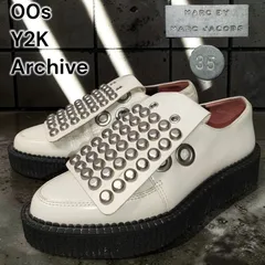 00s MARC BY MARC JACOBS Y2K Archive スタッズ 厚底 ラバーソール レザー シューズ ホワイト 白 革靴 ベルベットリボン ハトメ ギミック パンク ゴス ローファー プラットフォーム レディース 希少 名作 22.5cm相当のサムネイル