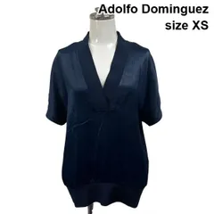 □ アドルフォドミンゲス Adolfo Dominguez カットソー 半袖 Vネック 異素材 サテン調 リブ ネイビー XS 5号 レディース S6F228のサムネイル
