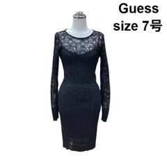 ◆ ゲス Guess タイトワンピース 膝丈 ボートネック 長袖 総レース サイドライン ストレッチ 黒 ゴールド色 XS 5号 レディース Z6C880のサムネイル
