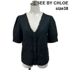 ◇ シーバイクロエ SEE BY CHLOE ブラウス Vネック 半袖 ピコフリル パフスリーブ フライフロント 黒 コットン 38 M 9号 レディース S6F246のサムネイル