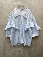美品 Sally Lunn サリーラン ドット フリル袖 ビッグカラー 5分袖 シャツ 可愛い きれいめ 水色 ■◆ レディースのサムネイル