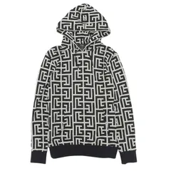 極美品▲BALMAIN バルマン JR002JB70 コットン100％ 総柄モノグラム プルオーバー パーカー ブラック ベージュ XS イタリア製 正規品 メンズのサムネイル