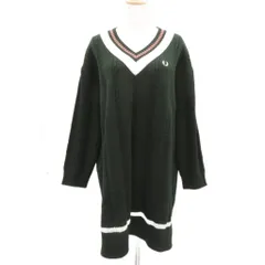 フレッドペリー FRED PERRY ニットワンピース ひざ丈 長袖 Vネック ケーブル編み ロゴ 6 カーキ f8643 /SM10 ■GY19