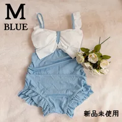 新品 レディース 水着 ワンピース フリル リボン 青 白 Mサイズ 体型カバー