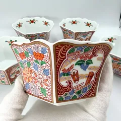 有田焼 祥山 色絵 古伊万里様式 六角小鉢 5客セット 輪花 伝統工芸