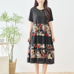 SALENEW [TRUBE] 글래머러스 콜라주 프린트 겹침 티아드 롱 원피스 [N82-786] 여성 여성 의류 옷 맥시 길이 전환 도킹 반소매 체형 커버 세련된 품위 어른 귀여운 모드 블랙 (M ~ L)