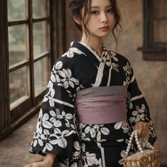 最終お値下げ 白地黒花柄浴衣・帯セット - メルカリ