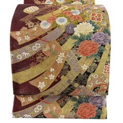 袋帯 秀品 貝桶 菊 金糸 箔 赤黒 六通 正絹 【中古】のサムネイル