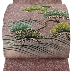 【美品】 袋帯 逸品 人間国宝 羽田登喜男 落款 松 波 金銀彩 金通し 薄小豆 お太鼓柄 正絹 【中古】のサムネイル