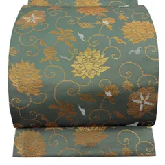 【美品】 袋帯 逸品 龍村晋 落款 花唐草 銀糸 箔 薄緑 全通 正絹 【中古】のサムネイル