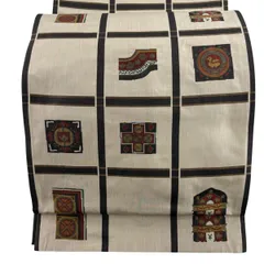 袋帯 名品 木屋太 落款 紬地 格子 草花 薄茶色 六通 正絹 【中古】のサムネイル