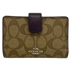 COACH(コーチ) 2つ折り財布 シグネチャー柄 カーキ×ベージュ×パープル L字ファスナー レザー