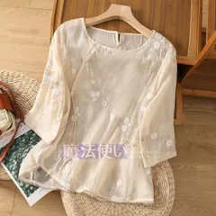 ブラウス レディース 刺繍 tシャツ 春夏 七分袖 クルーネック 綿麻風 花柄 カットソー トップス ショート丈 薄手 ゆったり 爽やか かわいい ふんわり カジュアル ナチュラル 大人 大きいサイズ CBX610P269