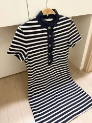 トリーバーチ ストライプ フリルカラー 半袖 ONE PIECE ヘンリーネック ボーダー柄 コットン PK ピケ テニス ネイビーのサムネイル