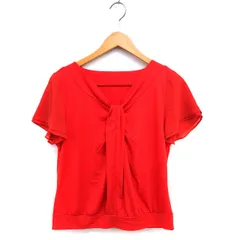 トランスワーク TRANS WORK タック ブラウス クロップド 切替 ギャザー シフォン 半袖 40 赤 レッド /NT34のサムネイル