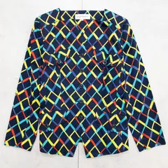 ◎YVES SAINT LAURENT イヴサンローラン ジャケット ノーカラー ヴィンテージ コットン ネイビー マルチカラー 日本製 レディース 38 b01687のサムネイル