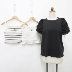 トッコ TOCCO チコ Chico カットソー キャミソール 3点セット 半袖 クルーネック 別布 フリンジ 胸パッド入 刺繍 ボーダー 黒 アイボリー ベージュ ブラック M Fのサムネイル