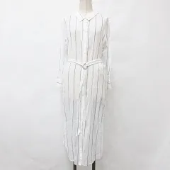 ラディエイト RADIATE ワンピース ロング 長袖 ストライプ 前ボタン開き ベルト 白 オフホワイト ブルー 9号