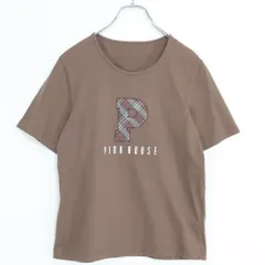 ピンクハウス★チェック柄のロゴが可愛い♪クルーネック 半袖 Tシャツ 大きいサイズL ブラウン系 z20978