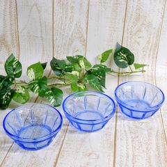 アンティーク氷ガラスカップ　3客 昭和レトロ かき氷カップ デザート鉢 ガラスボウル 3客 ブルー プレス