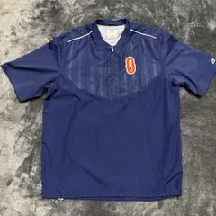 ★【USED】USA古着 Majestic マジェスティック プルオーバー ナイロンジャケット M ネイビー 半袖 ピステ ベースボール 野球 トレーニングウェア ウォームアップジャケット スポーツウェア MLB風 Cool Base メッシュ メンズのサムネイル