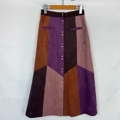 ME&ME COUTURE ミーアンドミークチュール パッチワークスカート カラーブロック フェイクスエード スナップボタン スリットポケット Aライン レトロ ボヘミアン レディース パープル ブラウン サイズ0 NA82のサムネイル