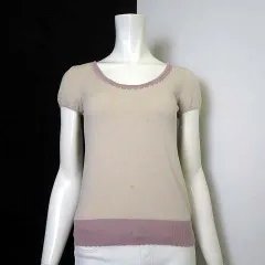 シンシアローリー CYNTHIA ROWLEY ニット カットソー スカラップ ショート丈 パフスリーブ 半袖 M 2 ベージュ くすみピンクのサムネイル